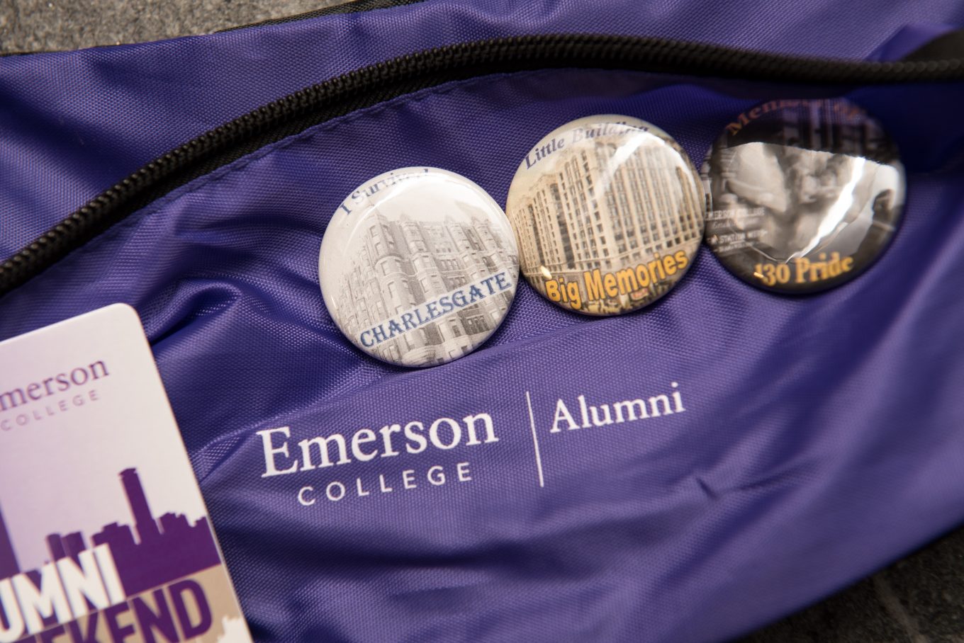 Table with buttons and purple tablecloth with text that reads Emerson College Alumni