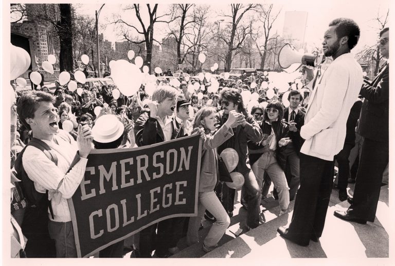 Vintage photo showing Emerson College students protesting cutbacks to financial aid in 1982