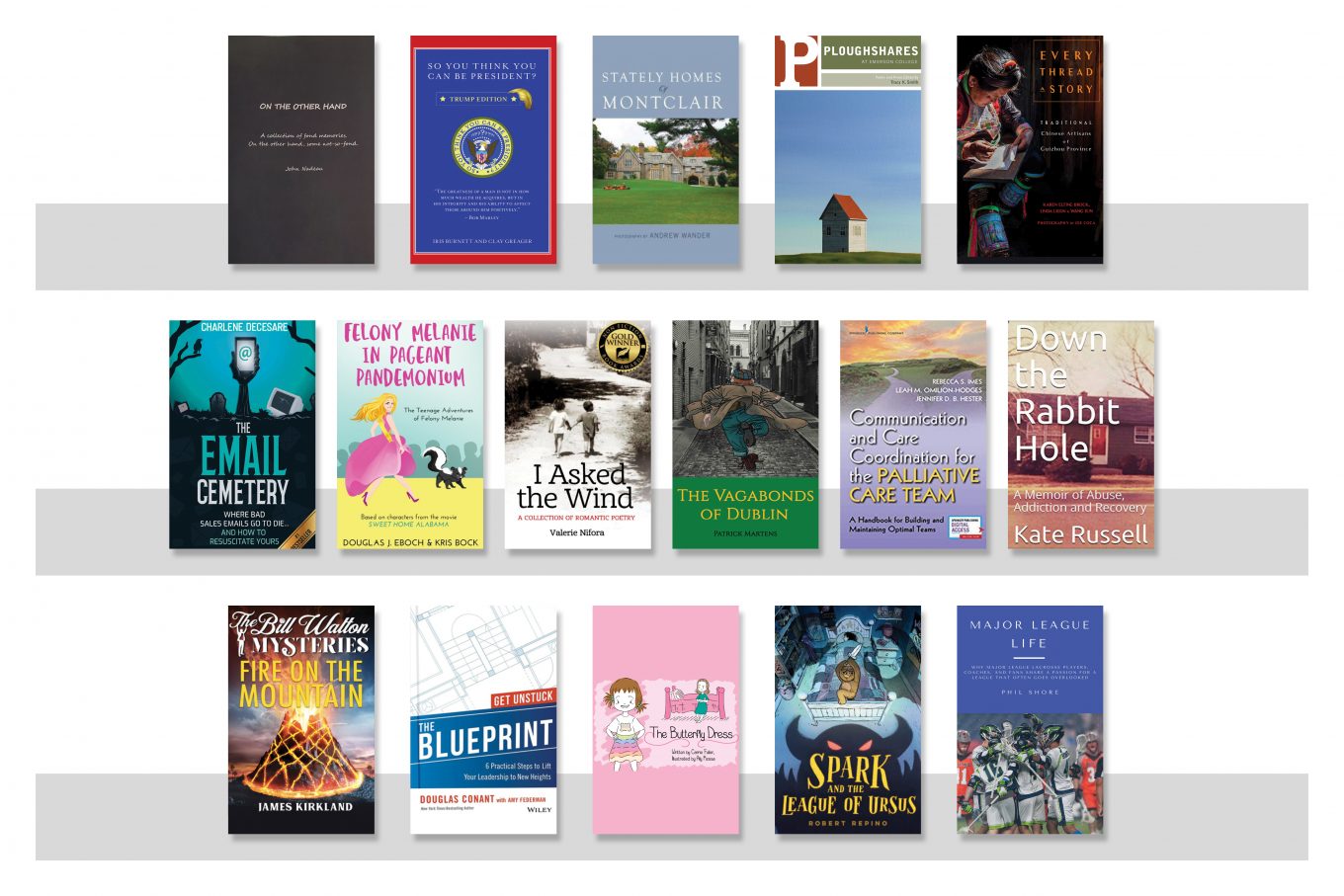 Sixteen book covers of books by Emerson authors for Fall 2020