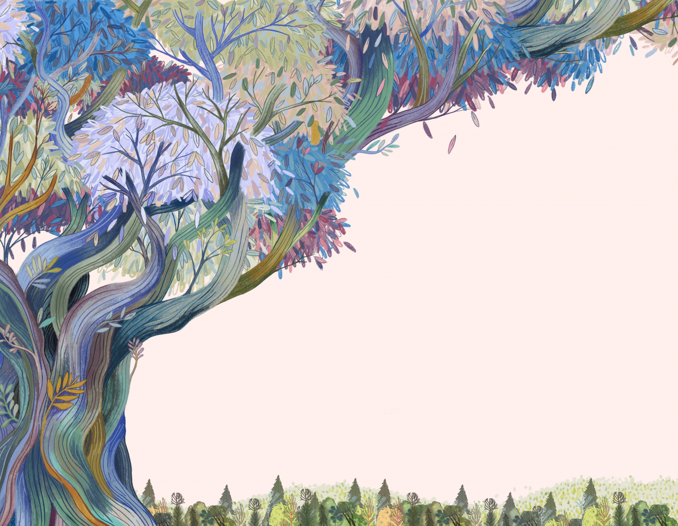 Illustration of a multi-colored tree standing tall in a forest by artist Monica Chu