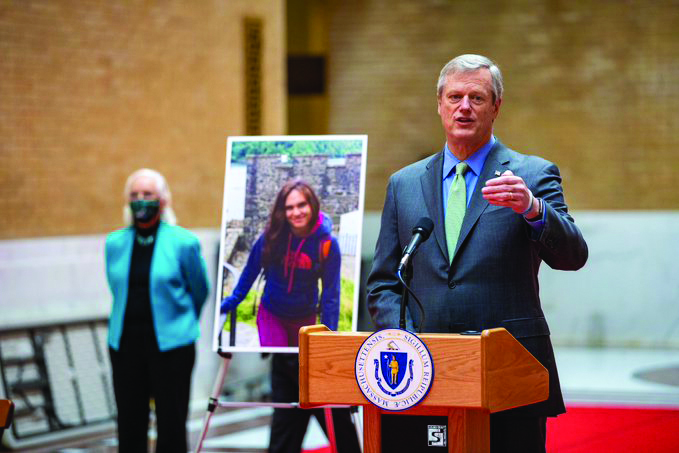 Governor Charlie Baker speaking at a podium at an event to pass Laura's Law