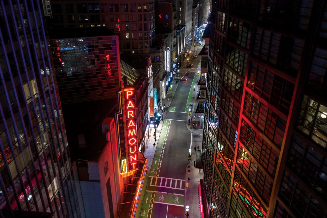 Aerial shot of Washington Street and the Paramount marquee