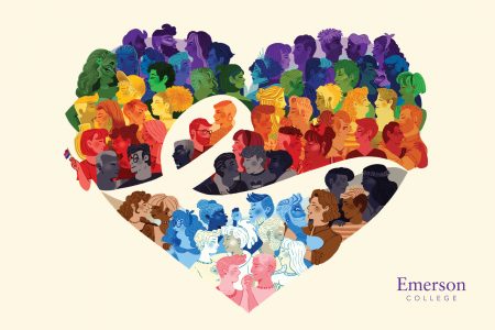 Heart graphic with illustrations of people in rainbow colors hugging and kissing