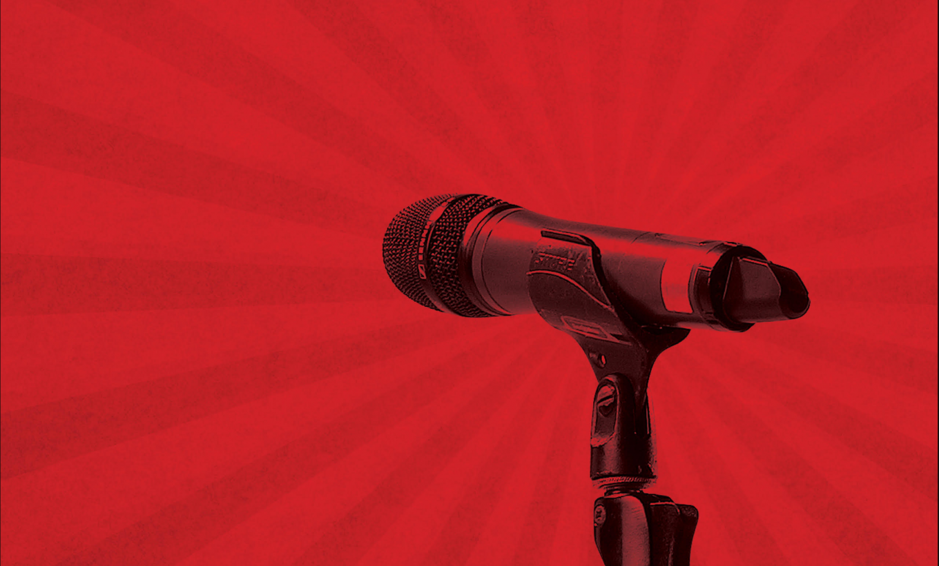 Microphone graphic set against a red background