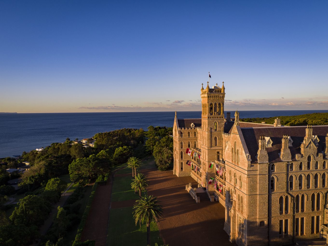 International College of Management, Sydney; aerial shot of the Manly Beach campus and castle