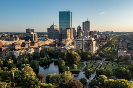 Drone photo of the Boston Public Garden and Boston skyline