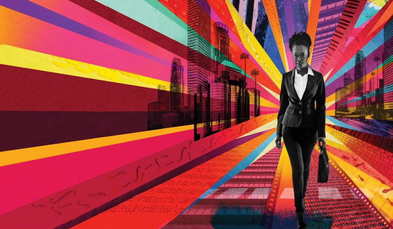 Student wearing a suit and carrying a briefcase walking through a cityscape with bright colors bursting all around her