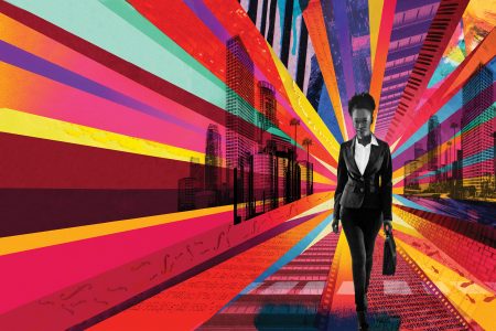 Student wearing a suit and carrying a briefcase walking through a cityscape with bright colors bursting all around her