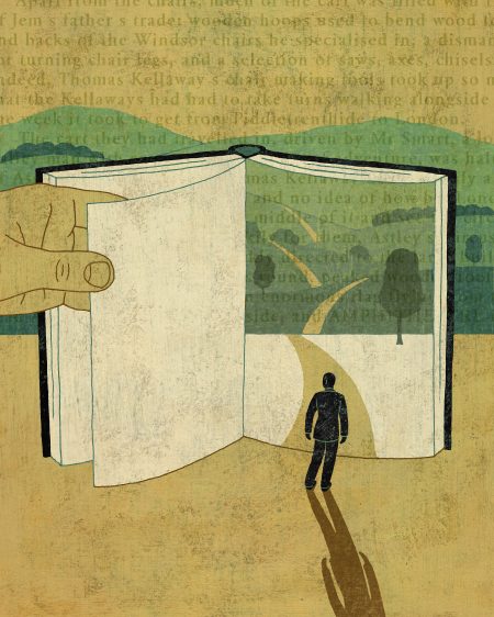 Illustration of an open book with a hand holding the page open and a smaller figure standing in front of the book about to step onto the page