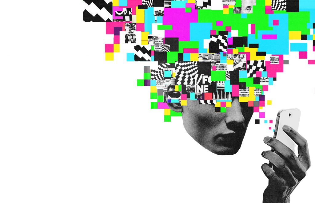 A graphic of a head looking at a phone with lots of colors across their head