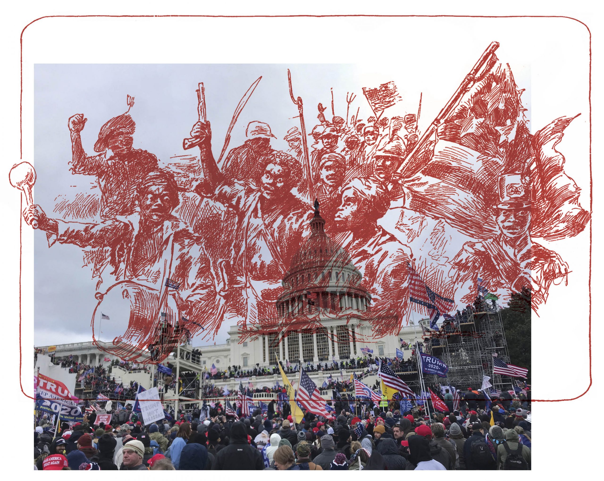 An illustration of a Black military troop over a picture of the US Capitol riot