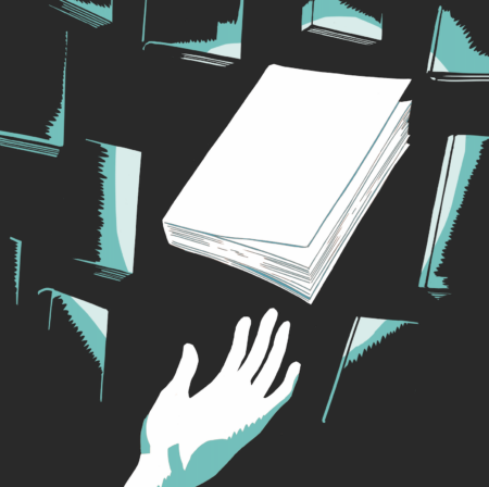 A graphic of a hand reaching for a book in the air