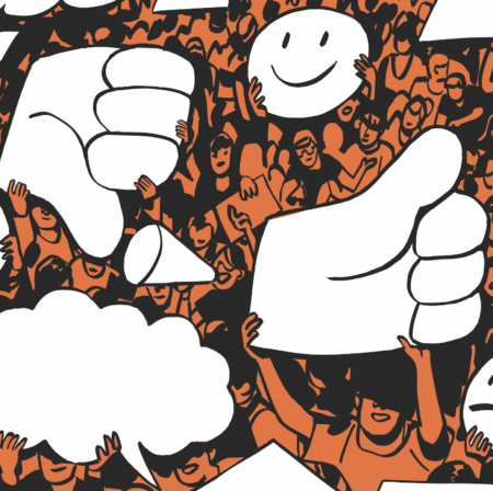 A cartoon-like graphic with big hands and a smiley face