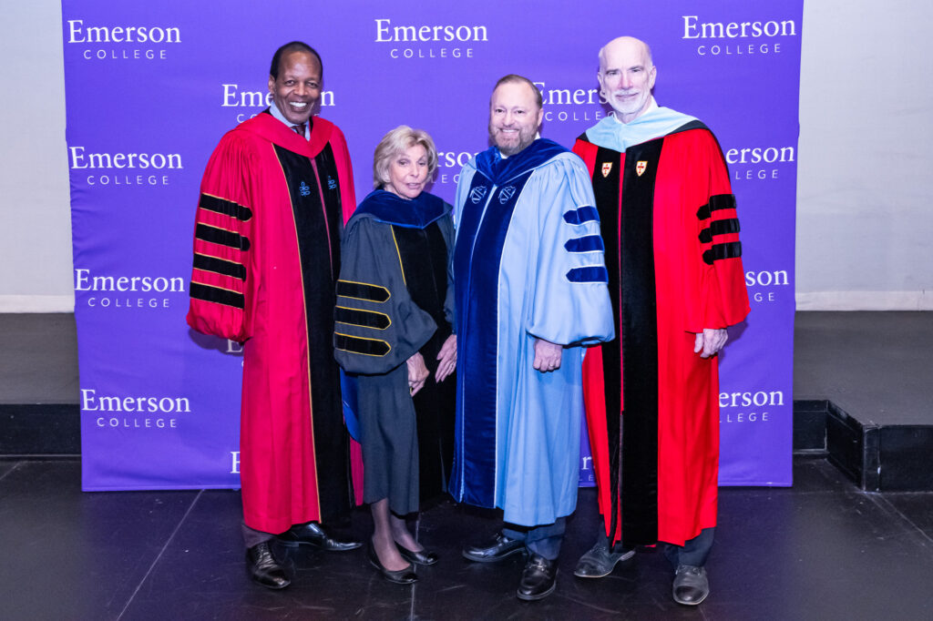 Lee Pelton, Jackie Liebergott, Bill Gilligan and Jay Bernhardt stand together in college robes