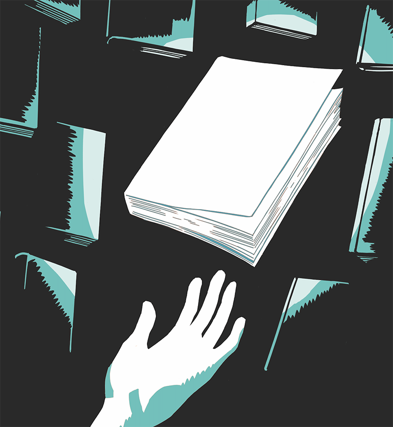 A graphic of a hand reaching for a book in the air