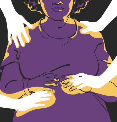 Illustration of multiple hands on a pregnant person