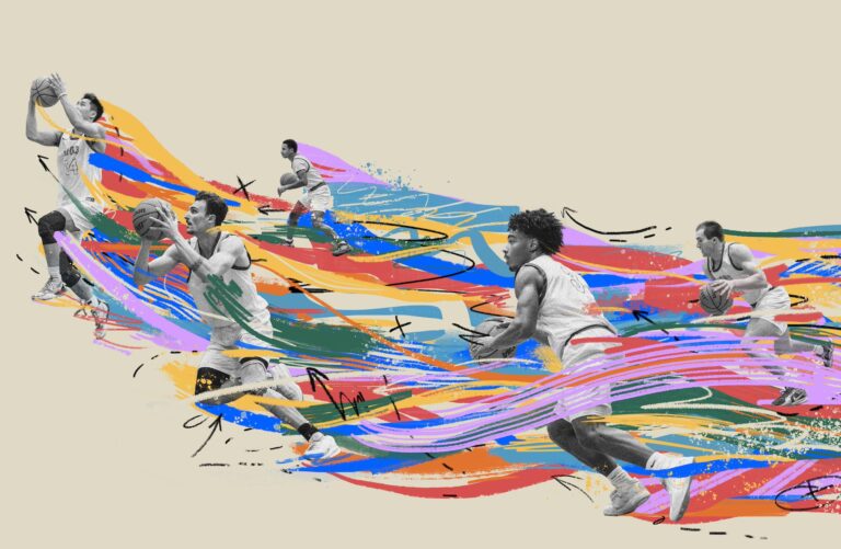 A graphic of a rainbow swirl with basketball players
