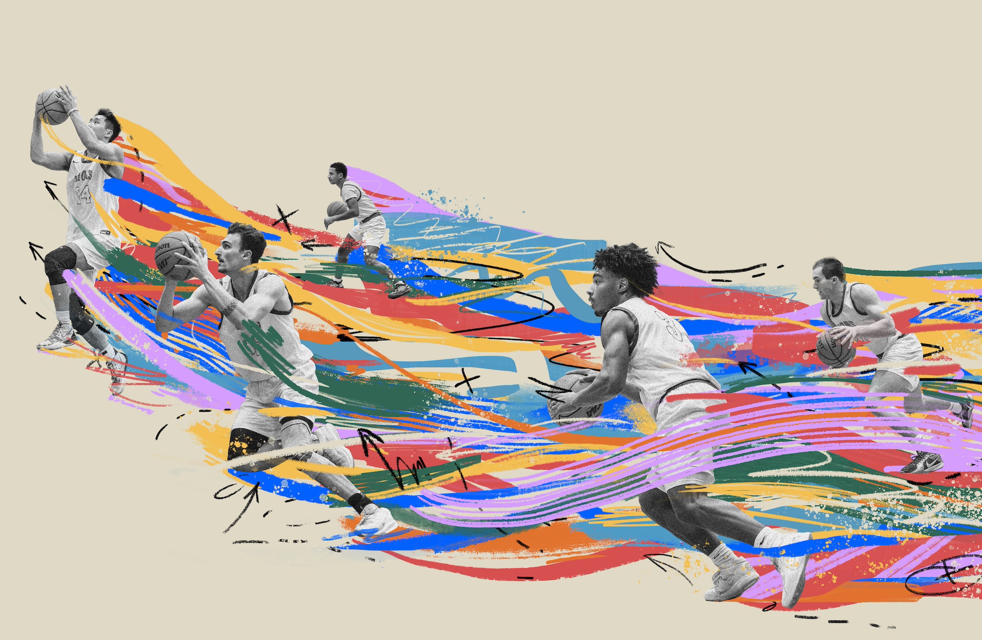 A graphic of a rainbow swirl with basketball players