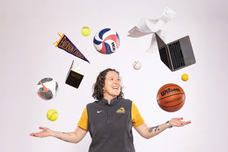 Steph Smyrl smiles while juggling sports gear and academics stuff