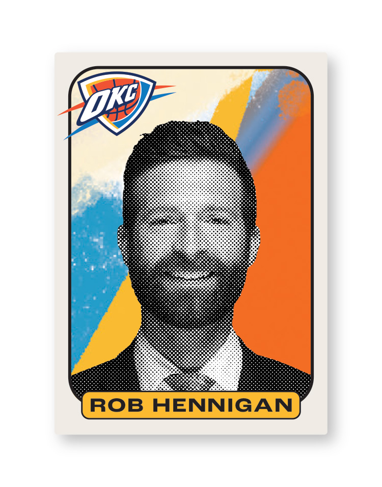 Graphic to look like a basketball card of Rob Hennigan