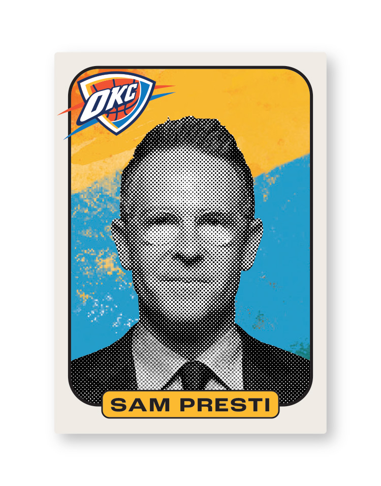 Graphic of a basketball card of Sam Presti