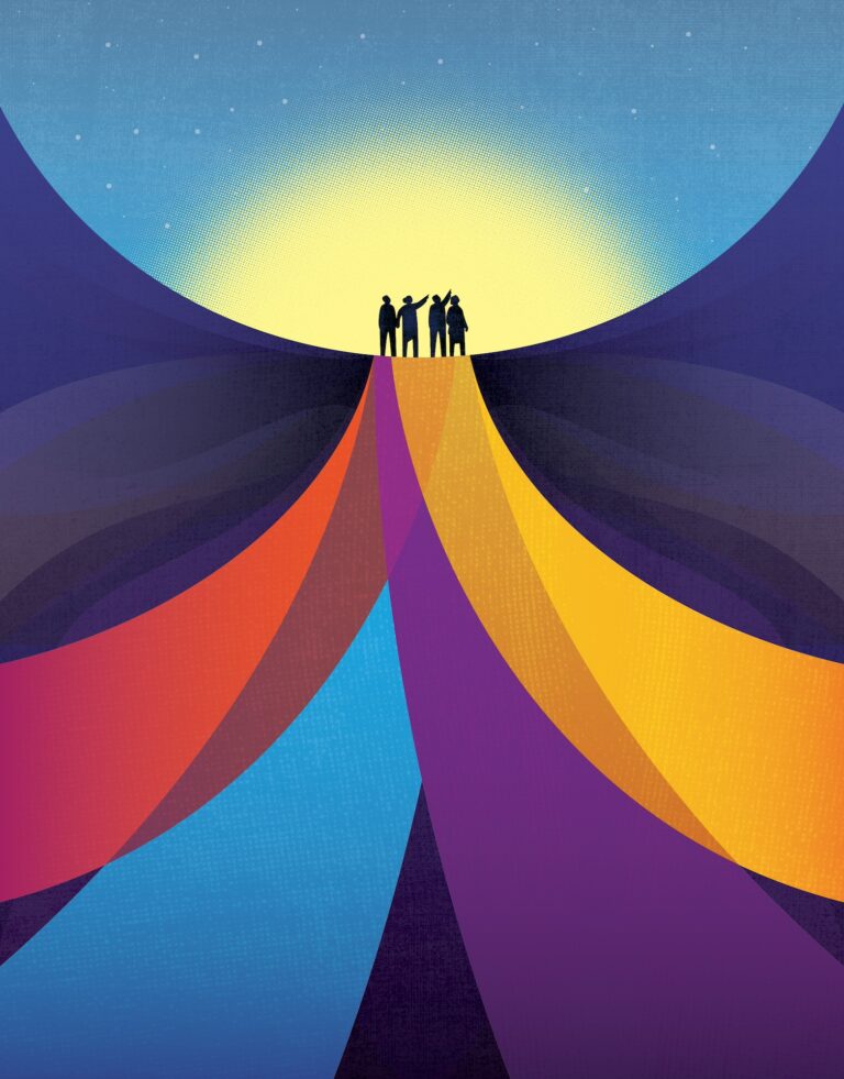 A graphic of multiple colors leading up to a sun with several people in the distance